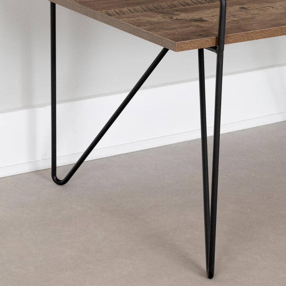 Brown Oak and Black Metal Rectangular Coffee Table