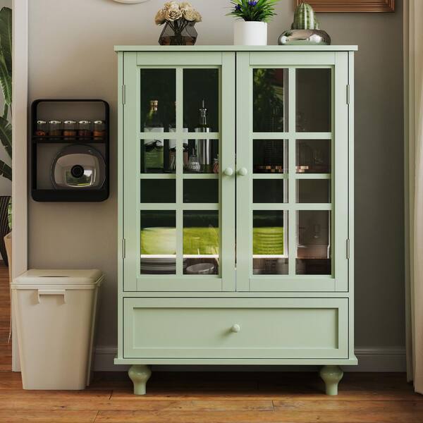 Unbranded Green Wood 28in. W Buffet, Sideboard Cabinet w/Double Glass Doors & Drawer, Storage Cupboard for Living Room Dining Room