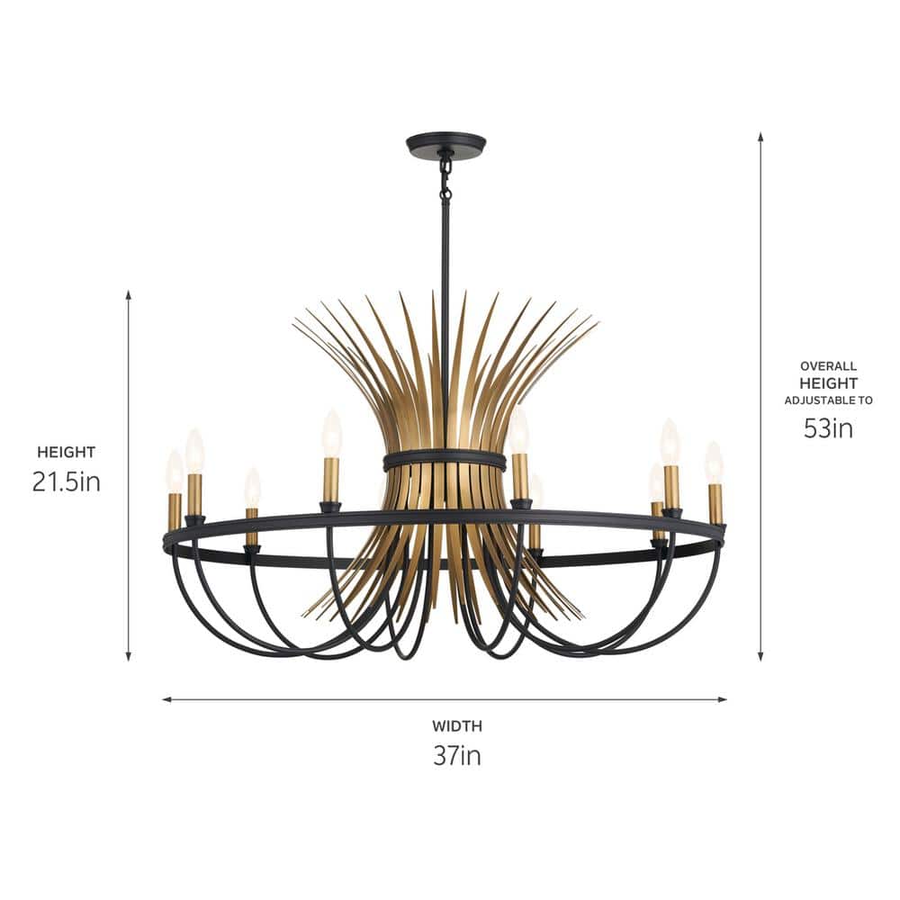 Baile Elegant Black 10-Light Taper Candle Chandelier with Vintage Brass Accents