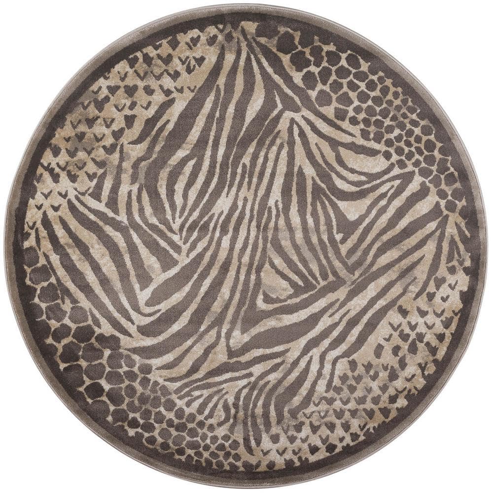 Garda Brown 5 ft. Round Animal Print Area Rug