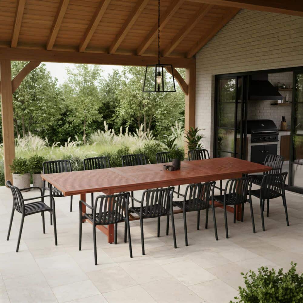 Olive 13-Piece Dark Finish Wood Outdoor Rectangular Extendable Dining Set Black