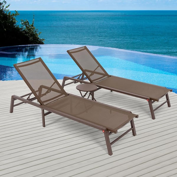 Assemble-Free Aluminum Outdoor Chaise Lounge, Patio Lounger with 5-Position Adjustable Backrest, Blue 3 Pieces