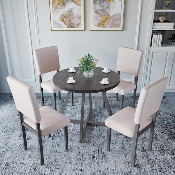 oak table and 4 grey chairs