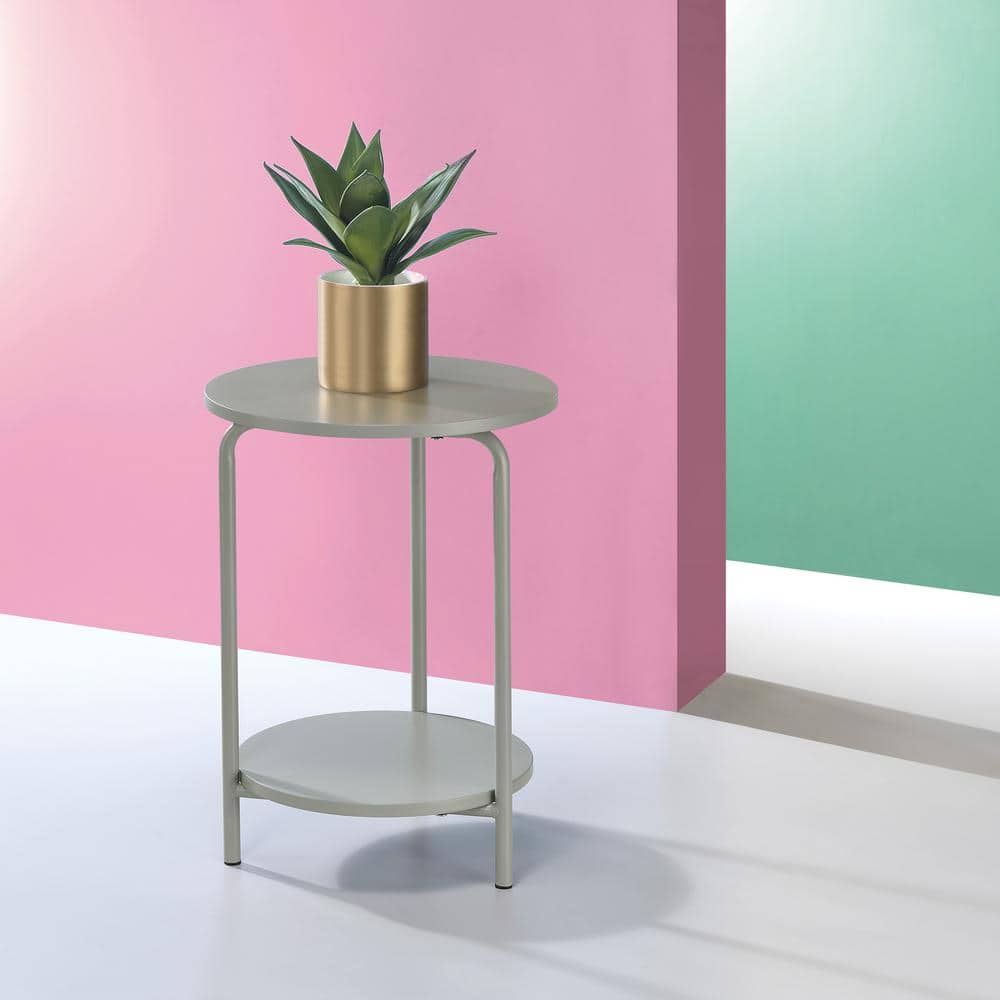 Gray Round Metal and Wood 2-Shelf Accent Table
