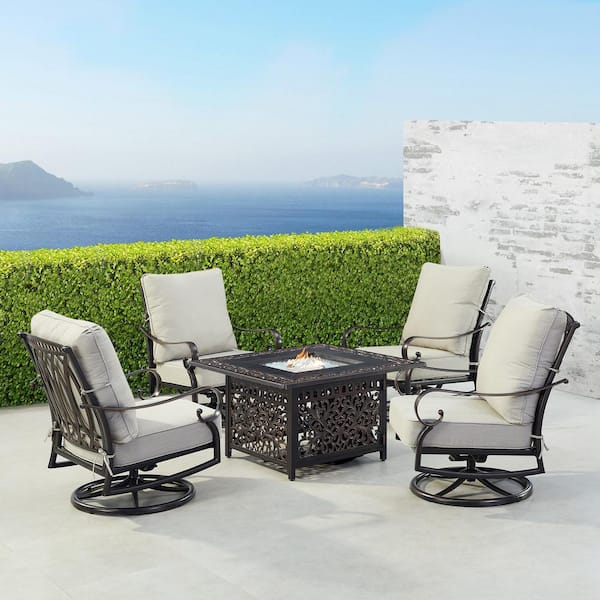 Oakland Living Black Aluminum Fire Table Set with 4-Club Chairs