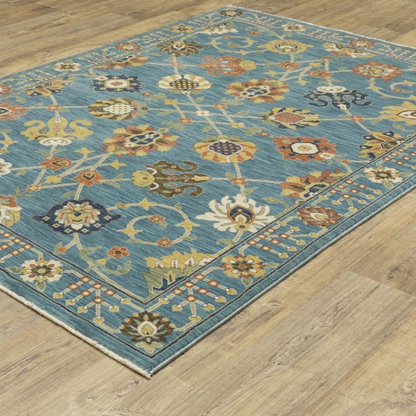 Fleetwood Blue/Multi-Colored 7 ft. x 10 ft. Oriental Floral Polypropylene Fringe Edge Indoor Area Rug
