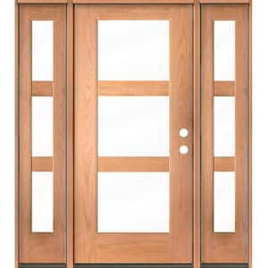 BRIGHTON Modern 64 in. x 80 in. 3-Lite Left-Hand/Inswing Clear Glass Teak Stain Fiberglass Prehung Front Door