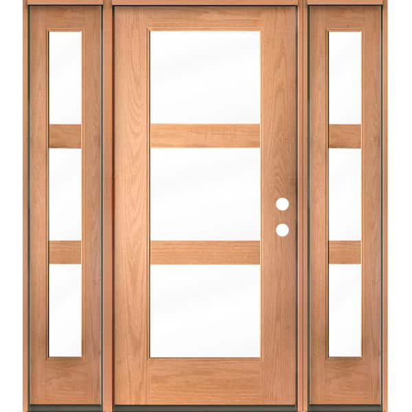 Krosswood Doors BRIGHTON Modern 64 in. x 80 in. 3-Lite Left-Hand/Inswing Clear Glass Teak Stain Fiberglass Prehung Front Door