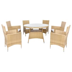 Challe Natural 7-Piece Wicker Outdoor Patio Dining Set with White Cushions
