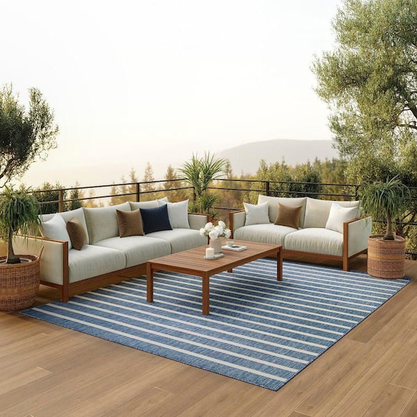 Positano Navy Ivory 9 ft. x 12 ft. Stripes Contemporary Area Rug