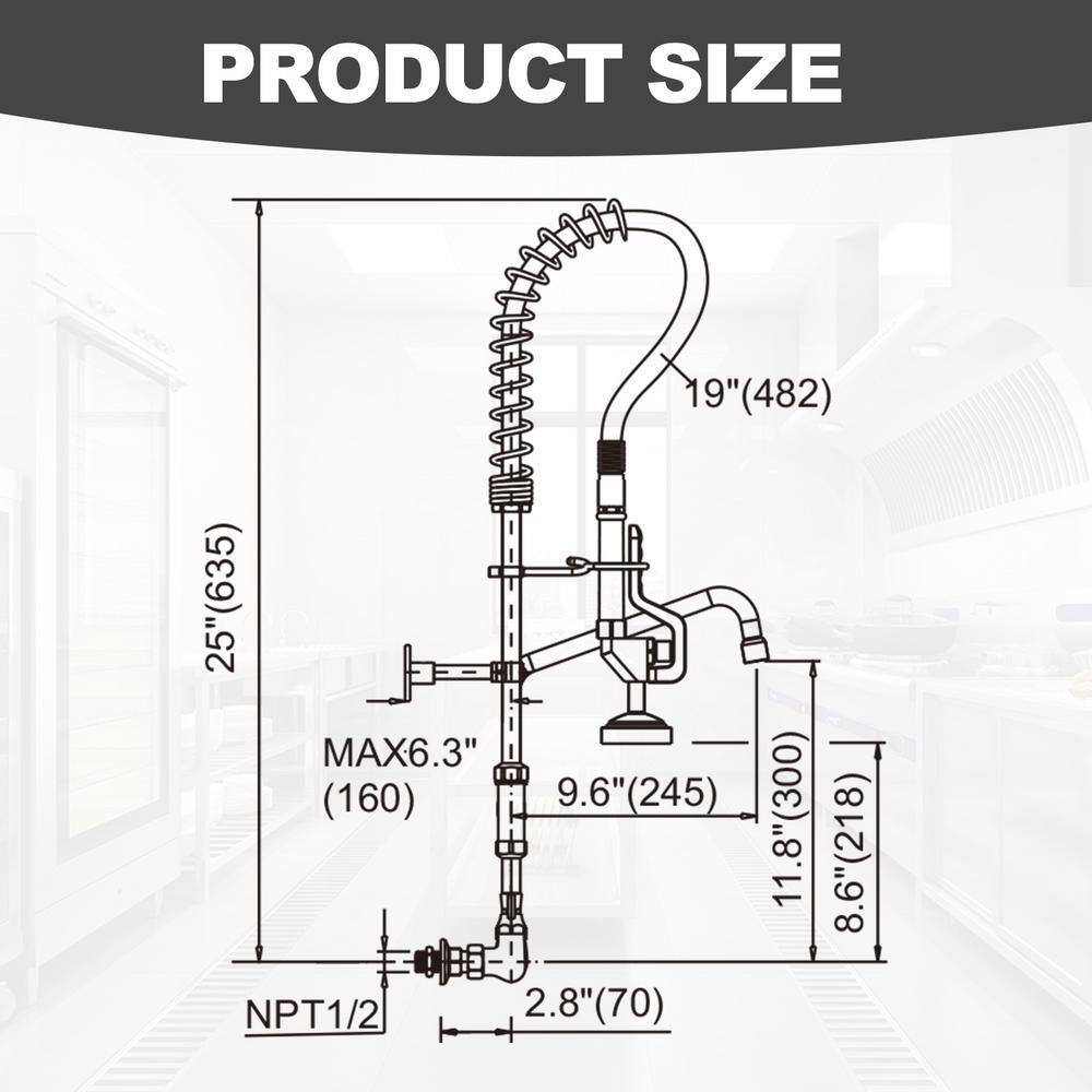 Brushed Nickel Wall Mount Commercial Kitchen Faucet with Pull Down Spray