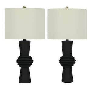 Pair of 25.5 in. Black Contemporary Totem Table Lamp with a designer Cream Drum Linen Shade