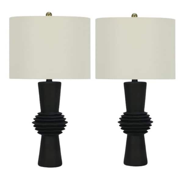 Fangio Lighting Pair of 25.5 in. Black Contemporary Totem Table Lamp with a designer Cream Drum Linen Shade