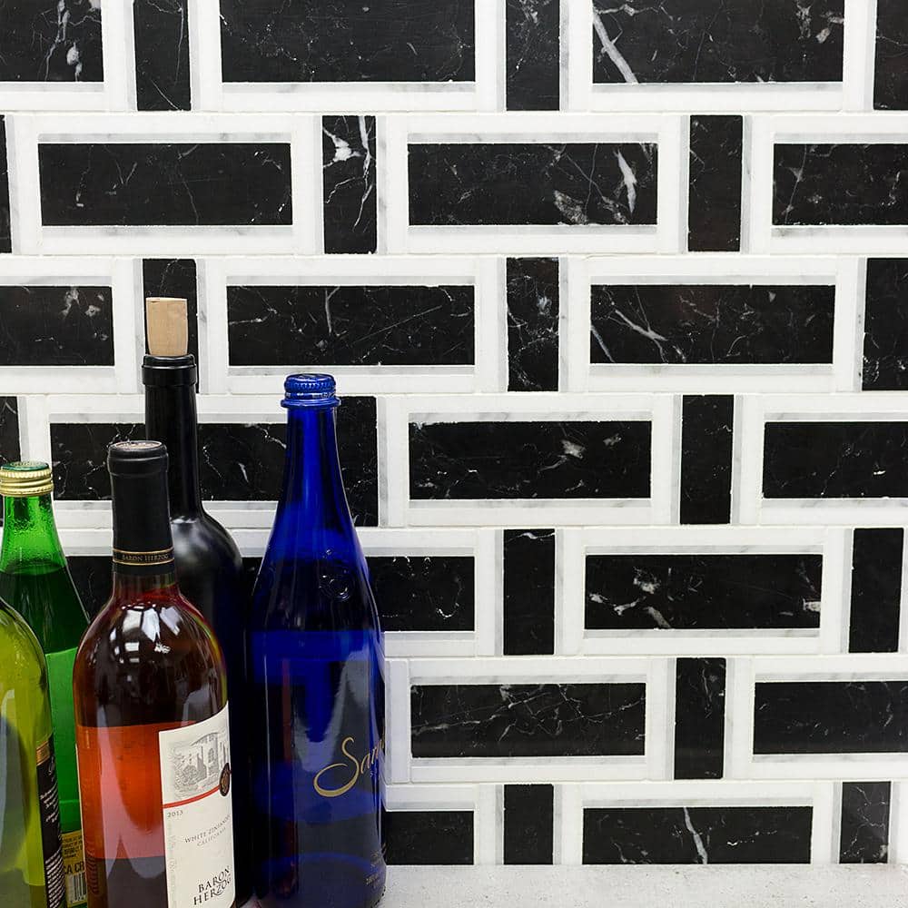 Nero and White Carrara Marble Basketweave Mosaic Tile