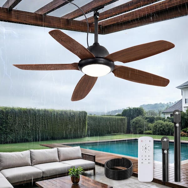 52 in. Black Downrod Mount Waterproof Wet Rated Standard Outdoor Ceiling Fan with LED Light with Remote