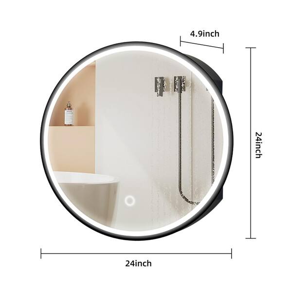 Runesay 24 in. W x 24 in. H LED Anti Fog Round Black Aluminum and Iron Recessed/Surface Mount Medicine Cabinet with Mirror