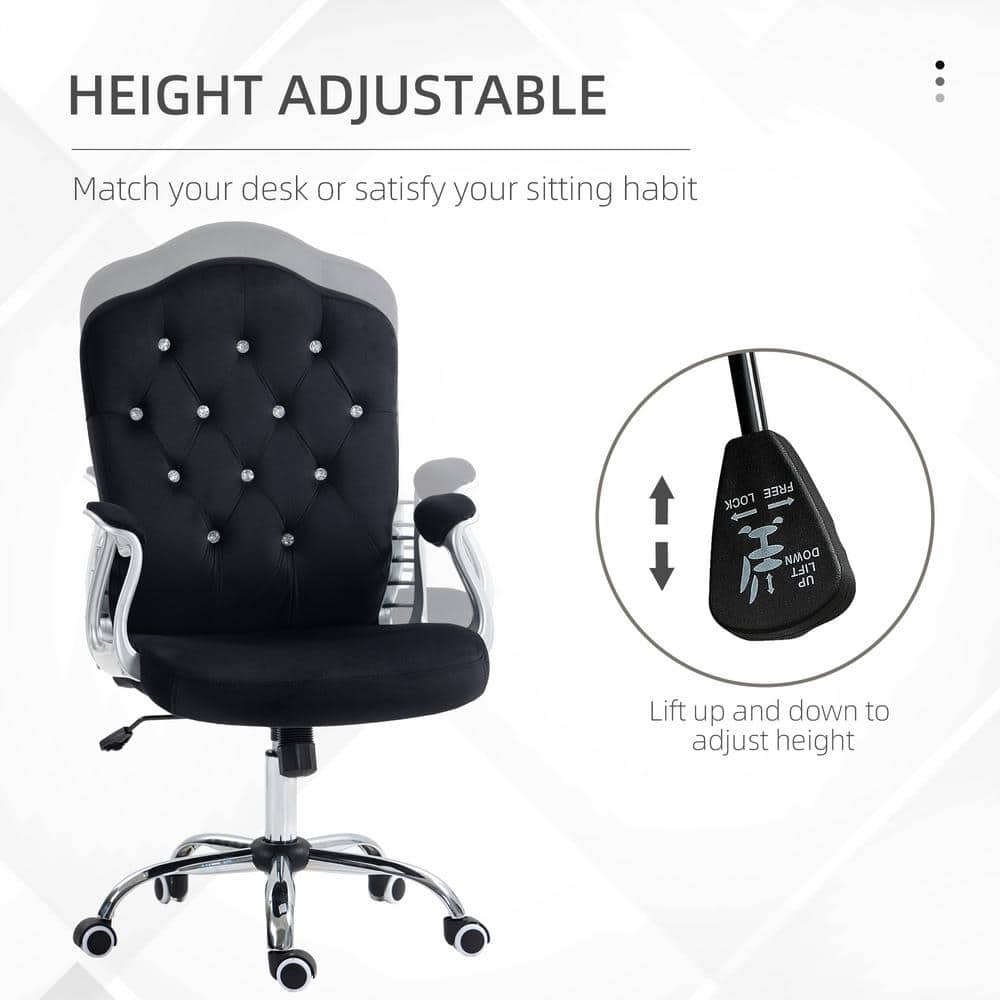 Black Velvet Button Tufted Swivel Task Chair with Fixed Arms