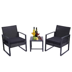 3-Piece Black Wicker Patio Conversation Set with Black Cushions and Coffee Table