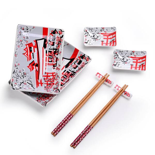 Panbado 8-Piece White Porcelain Dinnerware Set Plates and Saucers and Chopsticks Service (Set for 2)
