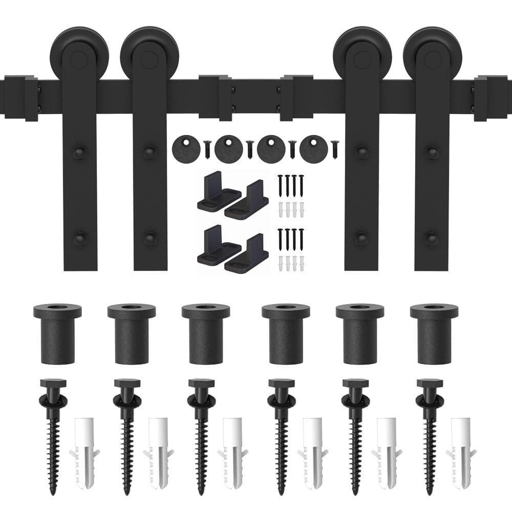Matte Black Double Barn Door Hardware Track Kit with I-Strap Rollers