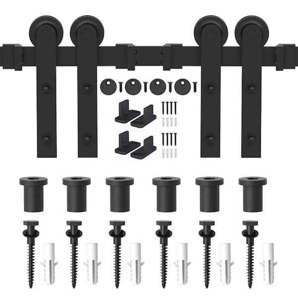WINSOON 7.5 ft. Frosted Black Strap Sliding Barn Door Track Hardware Kit for Double Wood Doors Non-Routed Floor Guide