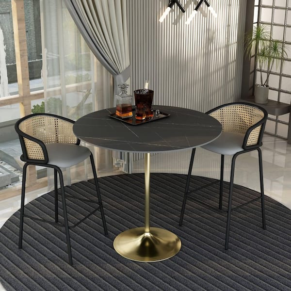 Verve 48 in. Bar Height Dining Table with Sintered Stone Top and Brushed Gold Steel Pedestal Base in Black Marbleized