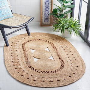 Natural Fiber Beige Doormat 3 ft. x 4 ft. Border Woven Oval Area Rug