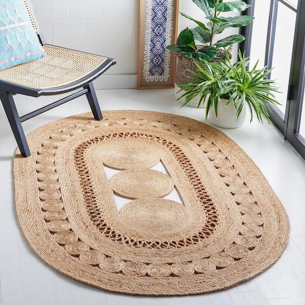 Natural Fiber Beige 5 ft. x 7 ft. Border Woven Oval Area Rug