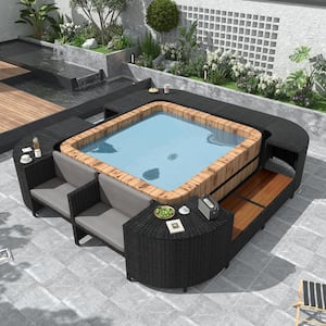 Spa wraparound frame outdoor patio sofa set, sectional sofa set, wood seating and gray storage area