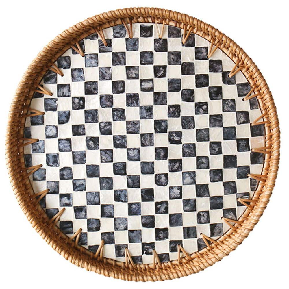 Black and White Round Wicker Tray, Inlaid with Mother-of-Pearl, Decorative Wicker Tray with Wooden Base price history on PriceWatchPro