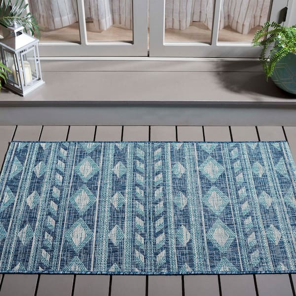 Courtyard Navy/Aqua 2 ft. x 4 ft. Striped Diamond Geometric Indoor/Outdoor Area Rug