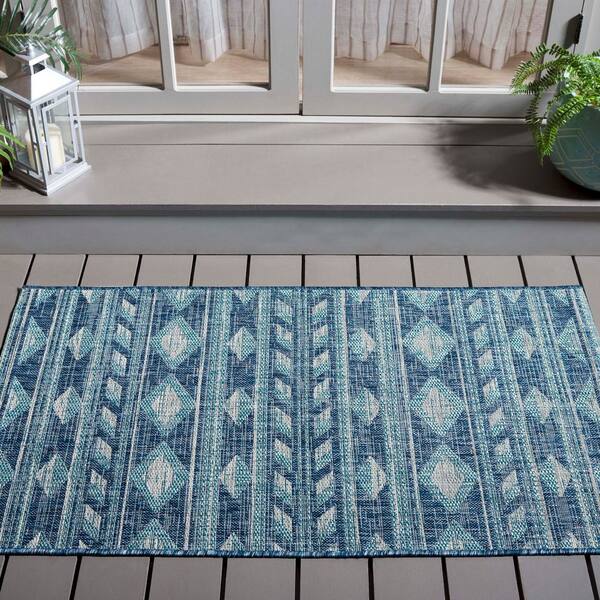 Courtyard Navy/Aqua 3 ft. x 5 ft. Striped Diamond Geometric Indoor/Outdoor Area Rug