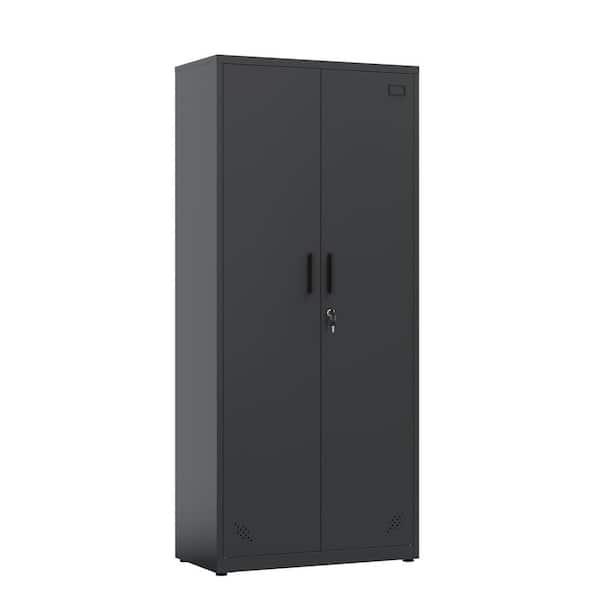 Unbranded Black Metal Storage Cabinet with 2-Doors and 4 Shelves, Lockable Tall Cabinet for Home Office Garage Kitchen Pantry
