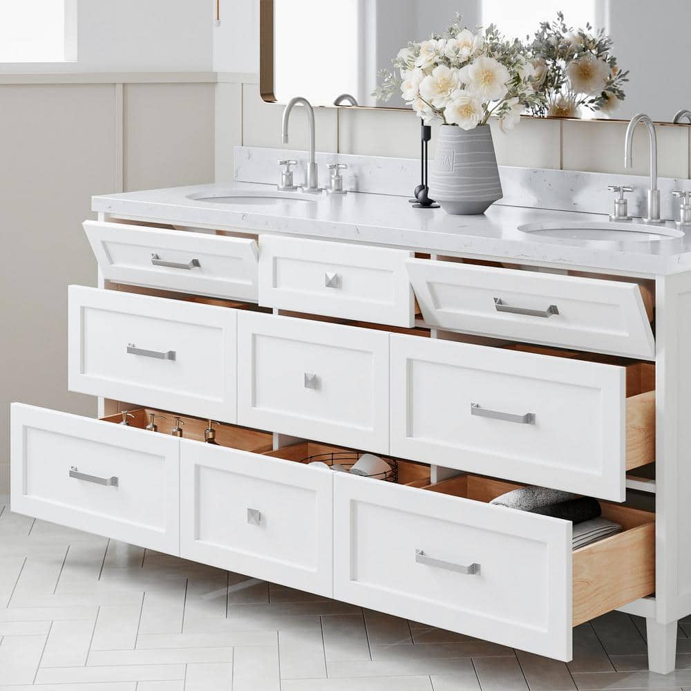 White Double Sink Bathroom Vanity with Carrara Quartz Top