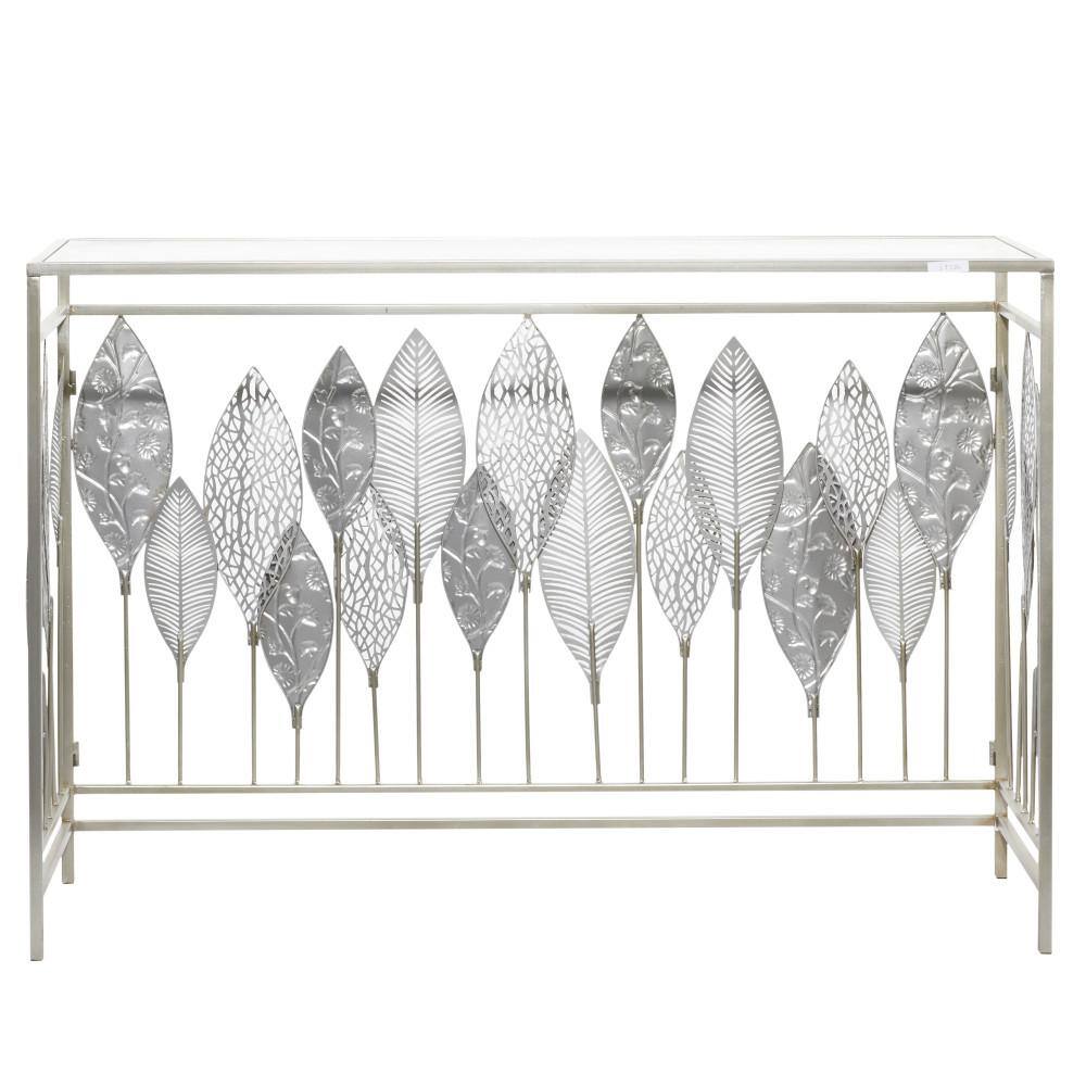 Silver Metal and Glass Console Table with Leaf Design