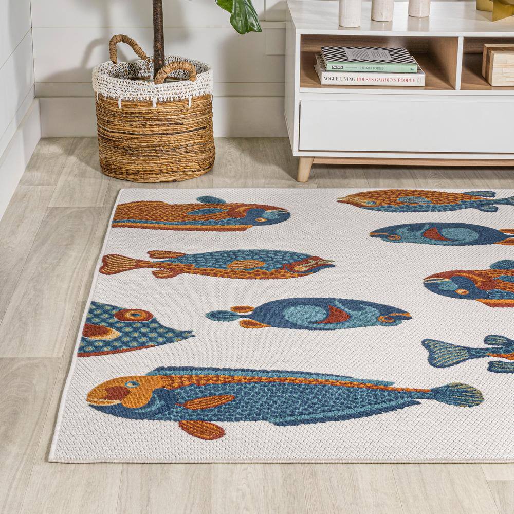 Navy and Orange Coastal Fish Pattern Synthetic 8' x 10' Area Rug