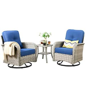 Charlotte 3-Piece Wicker Outdoor Rocking Chair with Navy Blue Cushions