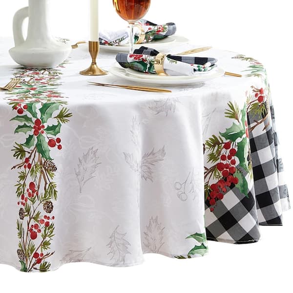 Threadmade Home Holly Farmhouse Charm Holiday Fabric Tablecloth, Multicolor - 70"W x 70"L Round
