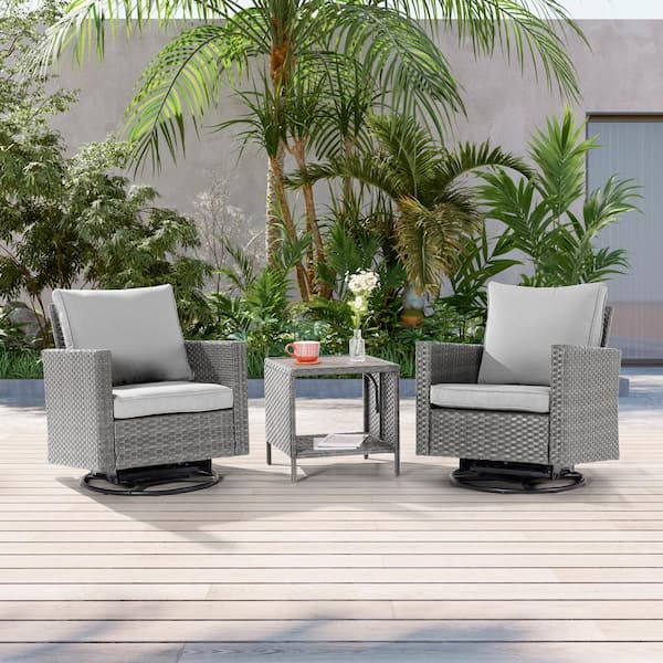 JOYESERY 3-Piece Gray Wicker Patio Bistro Set Swivel Rocking Chairs for Outdoor Occasions of Lawn, Linen Grey