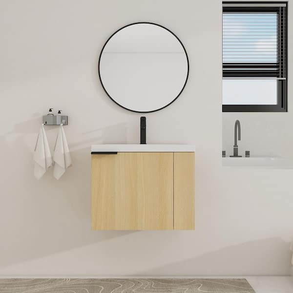 23.62 in. W x 18.11 in. D x 19.29 in. H Wall Mounted Bath Vanity in Light Oak with White Resin Vanity Top