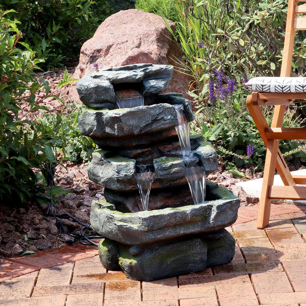 24" Gray and Green Polyresin Tiered Water Fountain with LED Lights