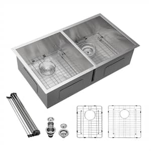 Brushed Nickel 18 Gauge Stainless Steel 32 inch Double Bowl Undermount Workstation Kitchen Sink with Faucet