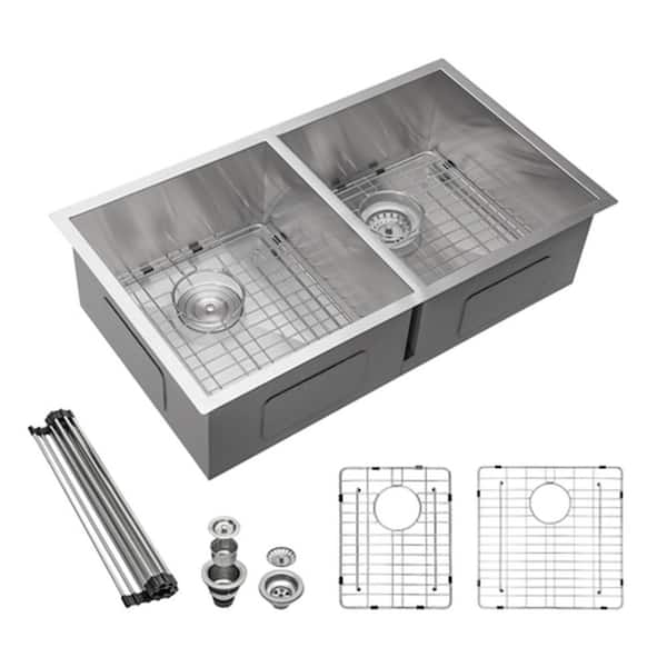Unbranded Brushed Nickel 18 Gauge Stainless Steel 32 inch Double Bowl Undermount Workstation Kitchen Sink with Faucet