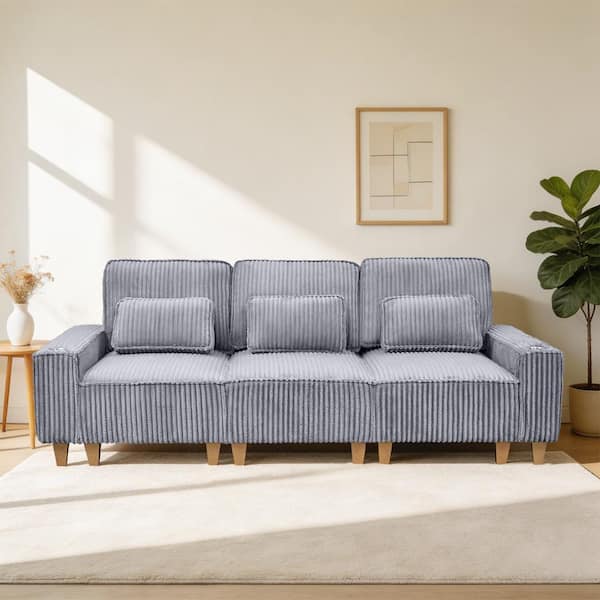 Grey 98.4 in. W Corduroy Modular Living Room 3-Seater Sectional Sofa Couch 2-Cup Holder & Lumbar Pillow