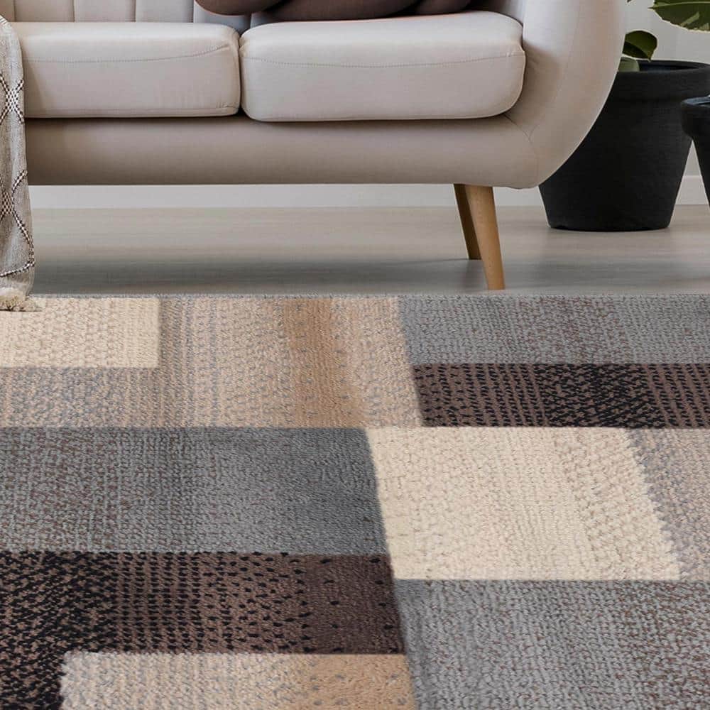 Beige and Blue Geometric Medium Pile Area Rug