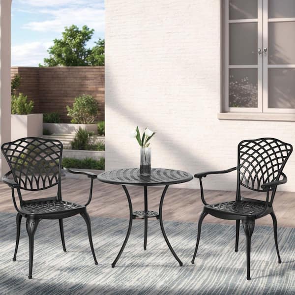 3-Piece Black Cast Aluminum Round Table Outdoor Bistro Set with Umbrella Hole