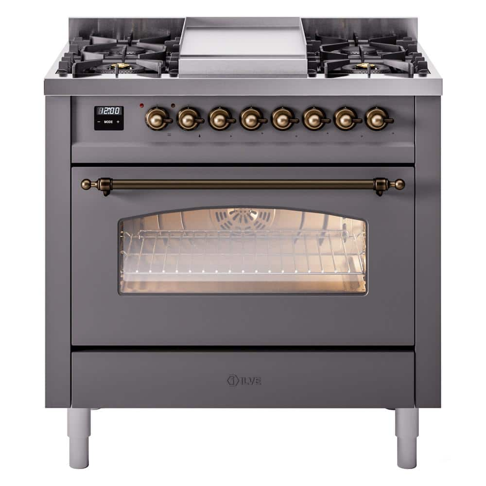 Nostalgie II 36 in. 6 Burner plus Griddle Freestanding Dual Fuel Liquid Propane Range in Graphite Matte with Bronze Trim -  ILVE, UP36FNMPMGBLP