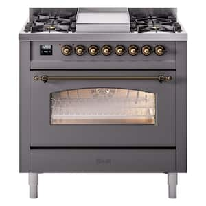 Nostalgie II 36 in. 6 Burner plus Griddle Freestanding Dual Fuel Liquid Propane Range in Graphite Matte with Bronze Trim