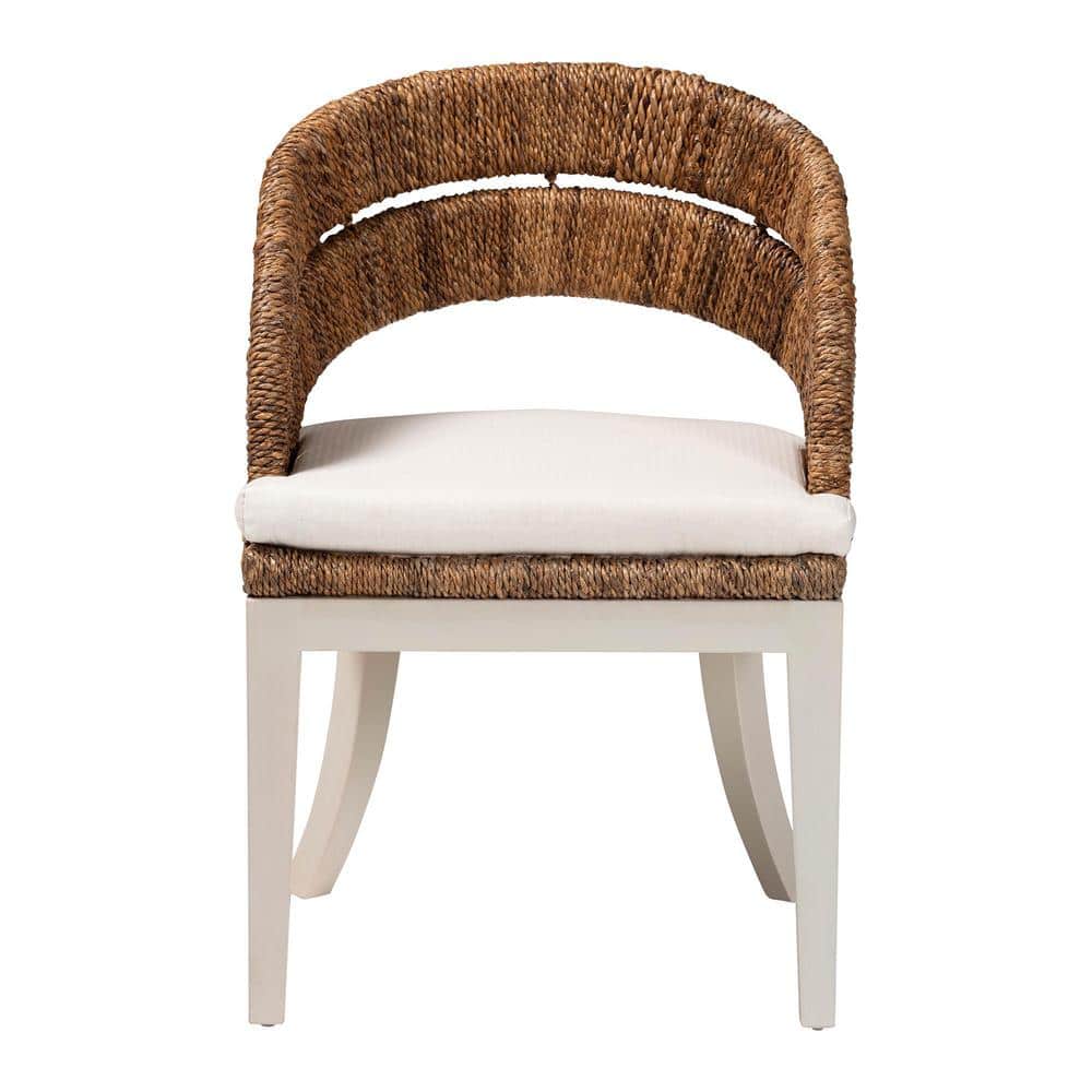Natural Seagrass and Mahogany Bohemian Arm Chair with White Cushion