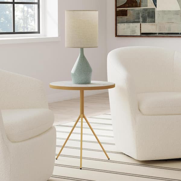 18 in. Gold Round Marble White Top End Table with Gold Base